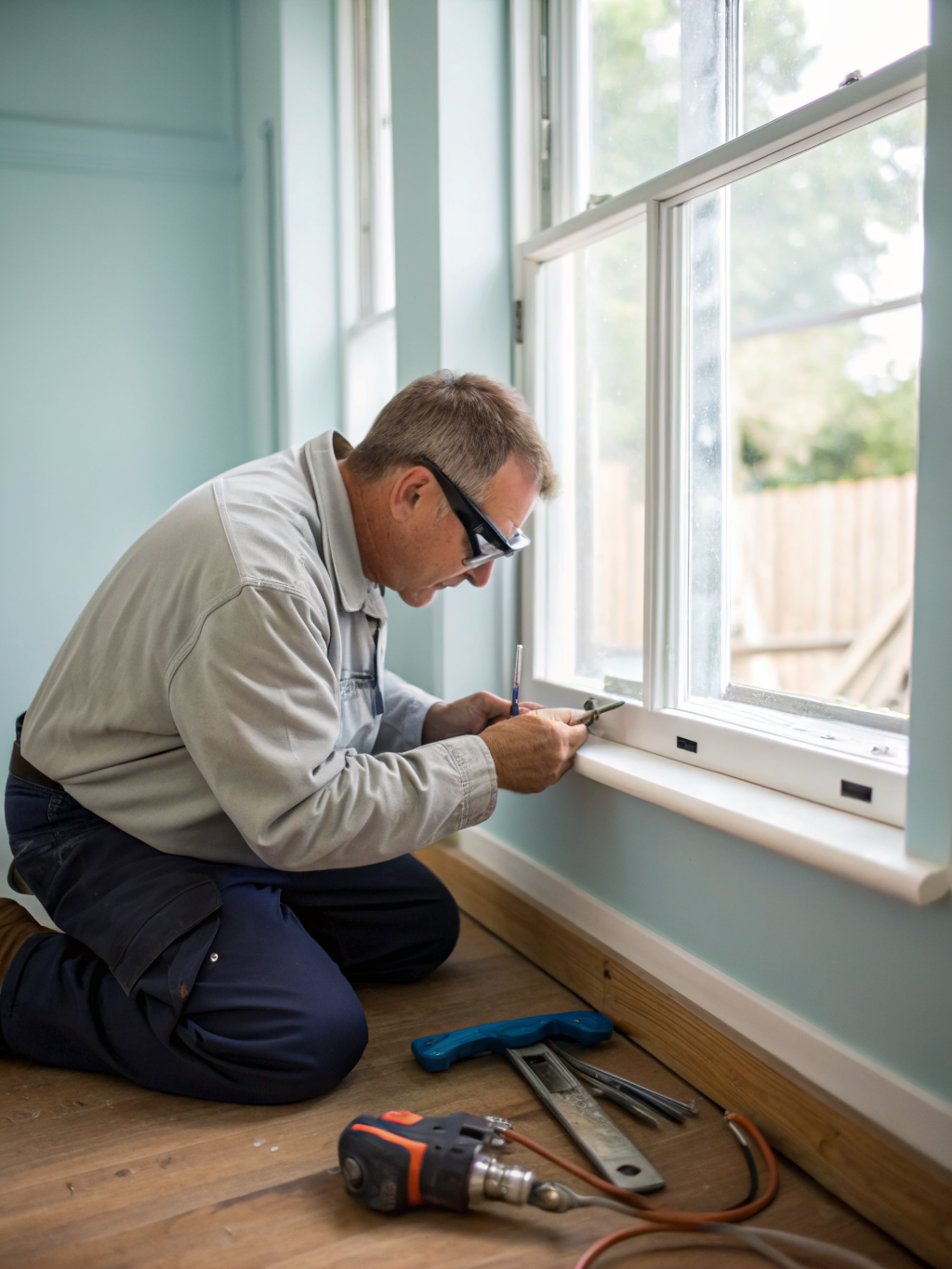 Techniker bei der staubfreien Fenstermontage mit Bodenschutz und Absauganlage